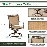 Hanover Fontana 5-Piece Outdoor Patio Fire Pit Seating Set, 4 Sling Swivel Rockers, 38" Square Aluminum Slat Top Gas Fire Pit Table with Lid, Brushed Bronze Finish, Rust-Resistant, All-Weather