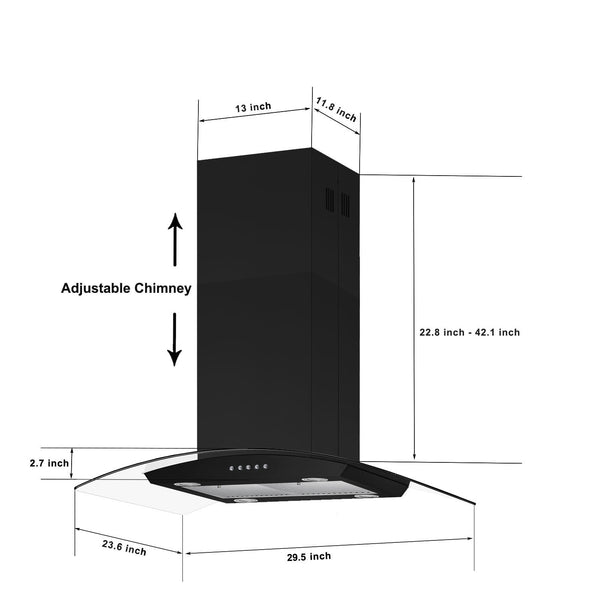Ducted Stainless Steel Kitchen Island Range Hood Tempered Glass 3 Speed Black