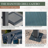 Hanover Outdoor Grill Gazebo 7.5' x 4.9' Hard Top Aluminum with Built-in Shelves, BBQ, UV Protected, HANGRGAZ-Gry
