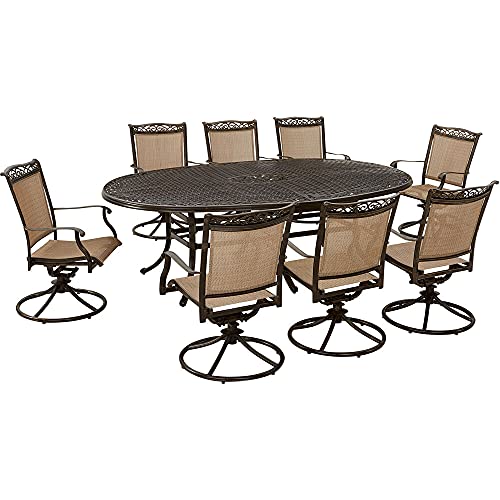 Hanover FNTDN9PCOVSW8 Fontana 9-Piece Outdoor Patio Dining Set, 8 Sling Swivel Rocker Chairs and 95"x60" Oval Cast Aluminum Table, Brushed Finish, Rust-Resistant, All-Weather-FNTDN9PCOVSW8, Tan/Bronze