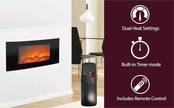 Cambridge 35-in. Callisto Curved Wall Mount Electric Fireplace with Crystal Display, Timer, and Remote, Black, CAMBR35WMEF-2BLK