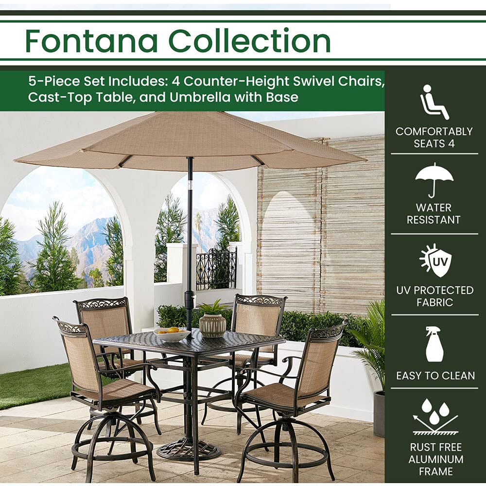 Hanover Fontana 5-Piece Outdoor High-Dining Patio Set, 4 Sling Swivel Counter-Height Chairs, 42" Square Cast Aluminum Table, 9' Umbrella, and Umbrella Base, Brushed Bronze Finish, Rust-Resistant Hanover Fontana 5-Piece Outdoor High-Dining Patio Set, 4 Sling Swivel Counter-Height Chairs, 42" Square Cast Aluminum Table, 9' Umbrella, and Umbrella Base, Brushed Bronze Finish, Rust-Resistant
