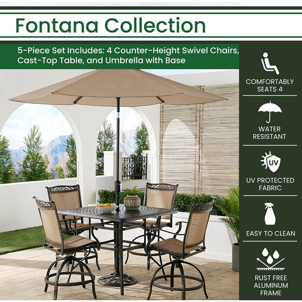 Hanover Fontana 5-Piece Outdoor High-Dining Patio Set, 4 Sling Swivel Counter-Height Chairs, 42" Square Cast Aluminum Table, 9' Umbrella, and Umbrella Base, Brushed Bronze Finish, Rust-Resistant