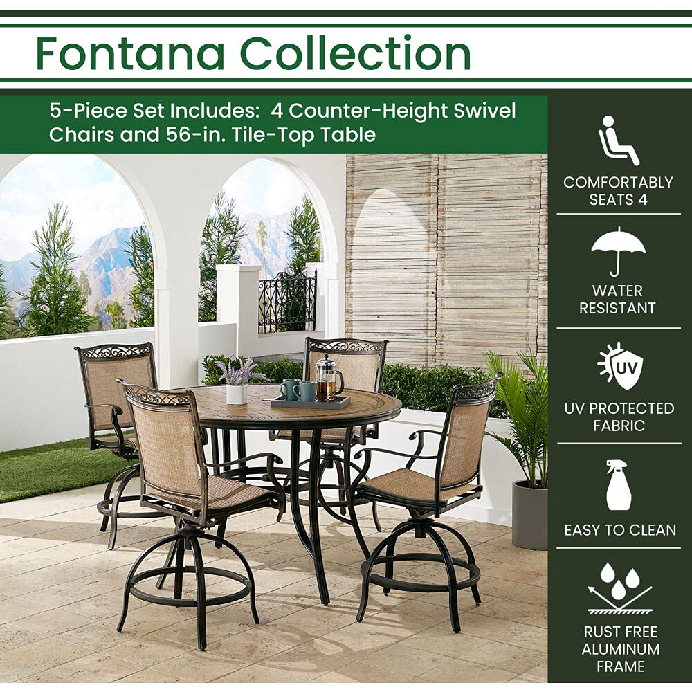 Hanover Fontana 5-Piece Outdoor High-Dining Patio Set, 4 Sling Swivel Counter-Height Chairs and 56" Round Tile-Top Table, Brushed Bronze Finish, Rust-Resistant, All-Weather - FNTDN5PCPBRTN Hanover Fontana 5-Piece Outdoor High-Dining Patio Set, 4 Sling Swivel Counter-Height Chairs and 56" Round Tile-Top Table, Brushed Bronze Finish, Rust-Resistant, All-Weather - FNTDN5PCPBRTN