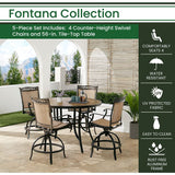 Hanover Fontana 5-Piece Outdoor High-Dining Patio Set, 4 Sling Swivel Counter-Height Chairs and 56" Round Tile-Top Table, Brushed Bronze Finish, Rust-Resistant, All-Weather - FNTDN5PCPBRTN