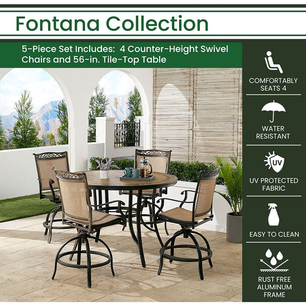 Hanover Fontana 5-Piece Outdoor High-Dining Patio Set, 4 Sling Swivel Counter-Height Chairs and 56" Round Tile-Top Table, Brushed Bronze Finish, Rust-Resistant, All-Weather - FNTDN5PCPBRTN