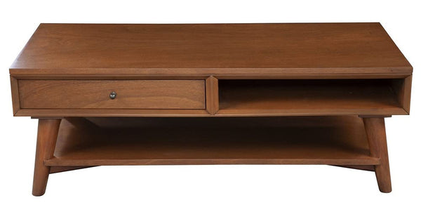 Alpine Furniture Flynn Mid Century Living Room Mahogany Wood Rectangular Design 1 Drawer Coffee Table in Acorn (Brown)