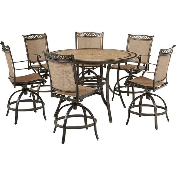 Hanover Fontana 7-Piece Outdoor High-Dining Patio Set, 6 Sling Swivel Counter-Height Chairs and 56" Round Tile-Top Table, Brushed Bronze Finish, Rust-Resistant, All-Weather - FNTDN7PCPBRTN