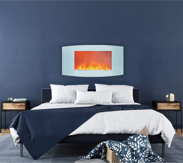 Cambridge 35-in. Callisto Curved Wall Mount Electric Fireplace with Crystal Display, Timer, and Remote, White, CAMBR35WMEF-1WHT