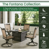 Hanover Fontana 5-Piece Outdoor Patio Fire Pit Seating Set, 4 Sling Swivel Rockers, 38" Square Aluminum Slat Top Gas Fire Pit Table with Lid, Brushed Bronze Finish, Rust-Resistant, All-Weather