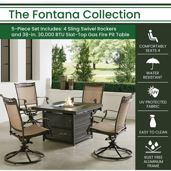 Hanover Fontana 5-Piece Outdoor Patio Fire Pit Seating Set, 4 Sling Swivel Rockers, 38" Square Aluminum Slat Top Gas Fire Pit Table with Lid, Brushed Bronze Finish, Rust-Resistant, All-Weather