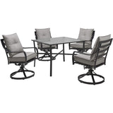 Hanover Lavallette 5-Piece Modern Outdoor Dining Set | 4 UV Protected Cushioned Swivel Rocker Chairs | 52'' Round Glass-Top Table | Weather Resistant Frame | Silver | LAVDN5PCSWRD-SLV
