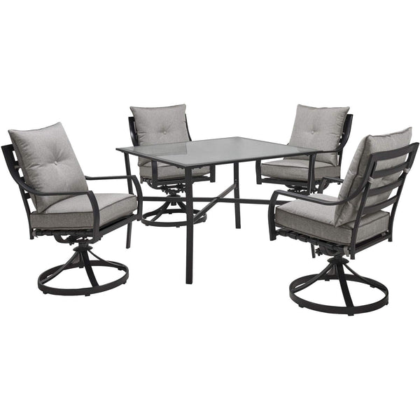 Hanover Lavallette 5-Piece Modern Outdoor Dining Set | 4 UV Protected Cushioned Swivel Rocker Chairs | 52'' Round Glass-Top Table | Weather Resistant Frame | Silver | LAVDN5PCSWRD-SLV