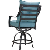 Hanover Lavallette 5-Piece Outdoor Dining Set with 9 ft. Umbrella | 4 Counter-Height Swivel Chairs | UV Protected Cushions | 52'' Round Glass-Top Table | Weather Resistant Frame | Ocean Blue
