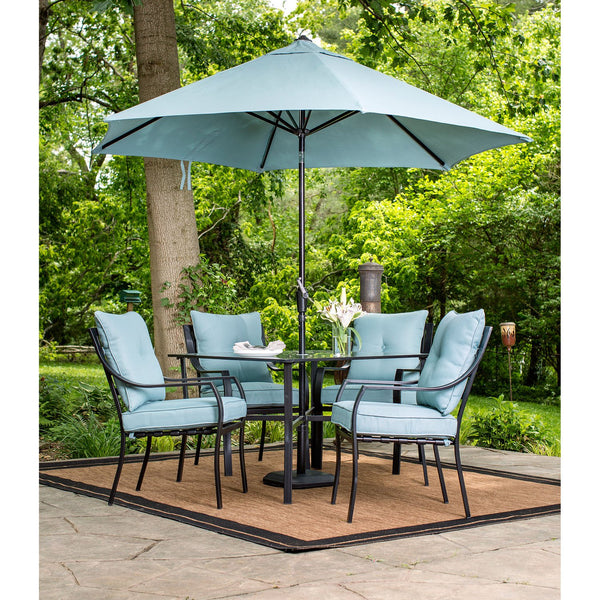 Hanover Lavallette 5-Piece Modern Outdoor Dining Set with 9 ft. Umbrella | 4 UV Protected Cushioned Chairs | Square Glass-Top Table | Weather Resistant Steel Frame | Ocean Blue | LAVDN5PC-BLU-SU