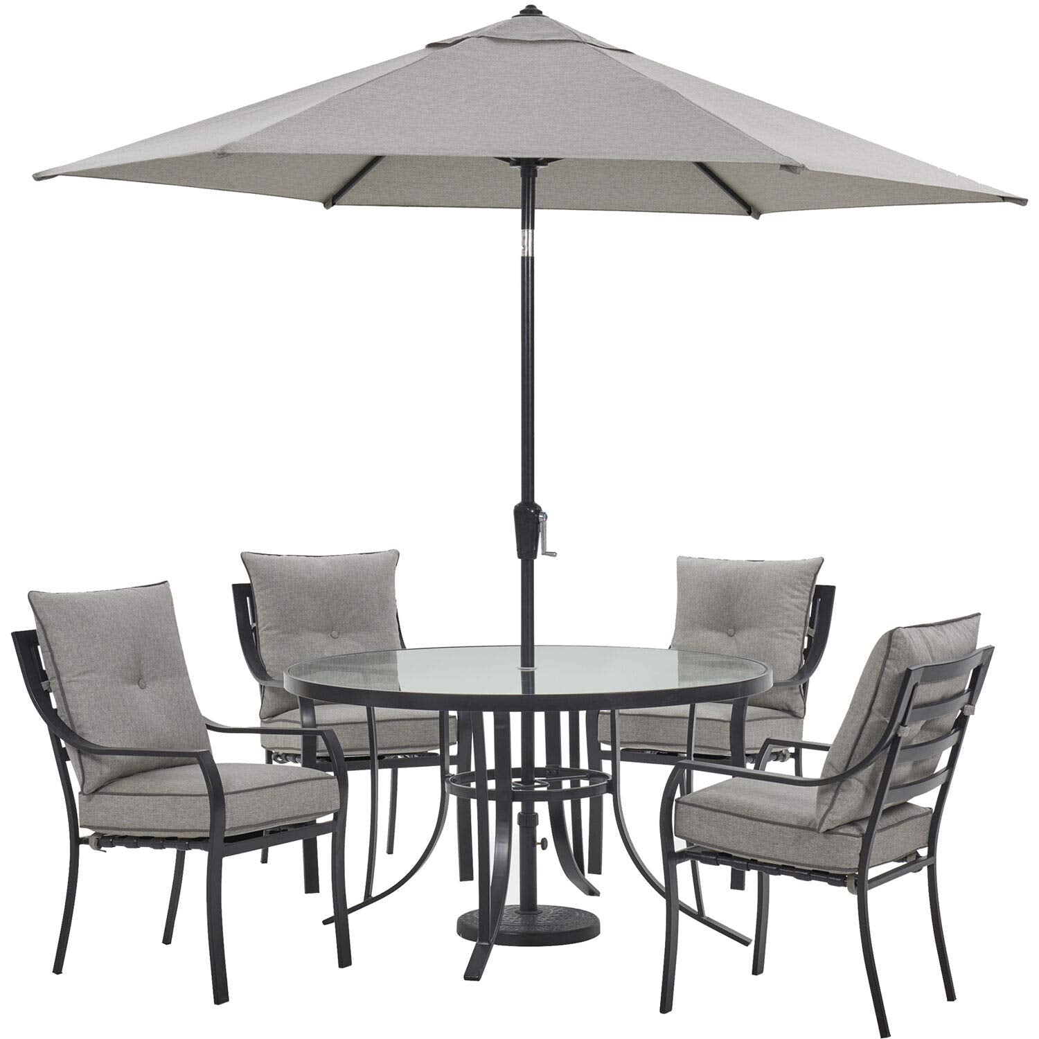 Hanover Lavallette 5-Piece Modern Outdoor Dining Set | 4 UV Protected Cushioned Chairs | 52'' Round Glass-Top Table | Weather Resistant Frame | Silver | LAVDN5PCRD-SLV Hanover Lavallette 5-Piece Modern Outdoor Dining Set | 4 UV Protected Cushioned Chairs | 52'' Round Glass-Top Table | Weather Resistant Frame | Silver | LAVDN5PCRD-SLV