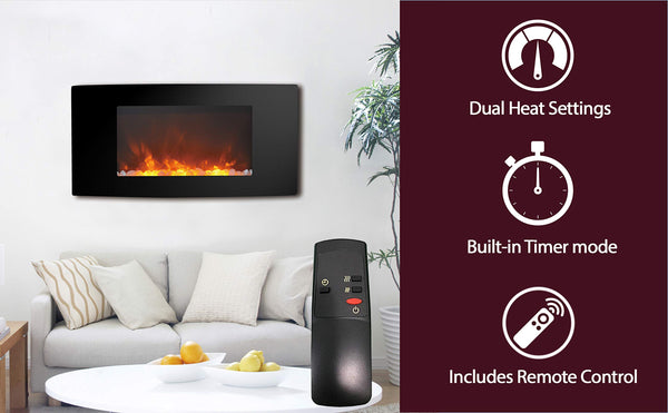 Cambridge 35-in. Callisto Curved Wall Mount Electric Fireplace with Crystal Display, Timer, and Remote, Black, CAMBR35WMEF-1BLK
