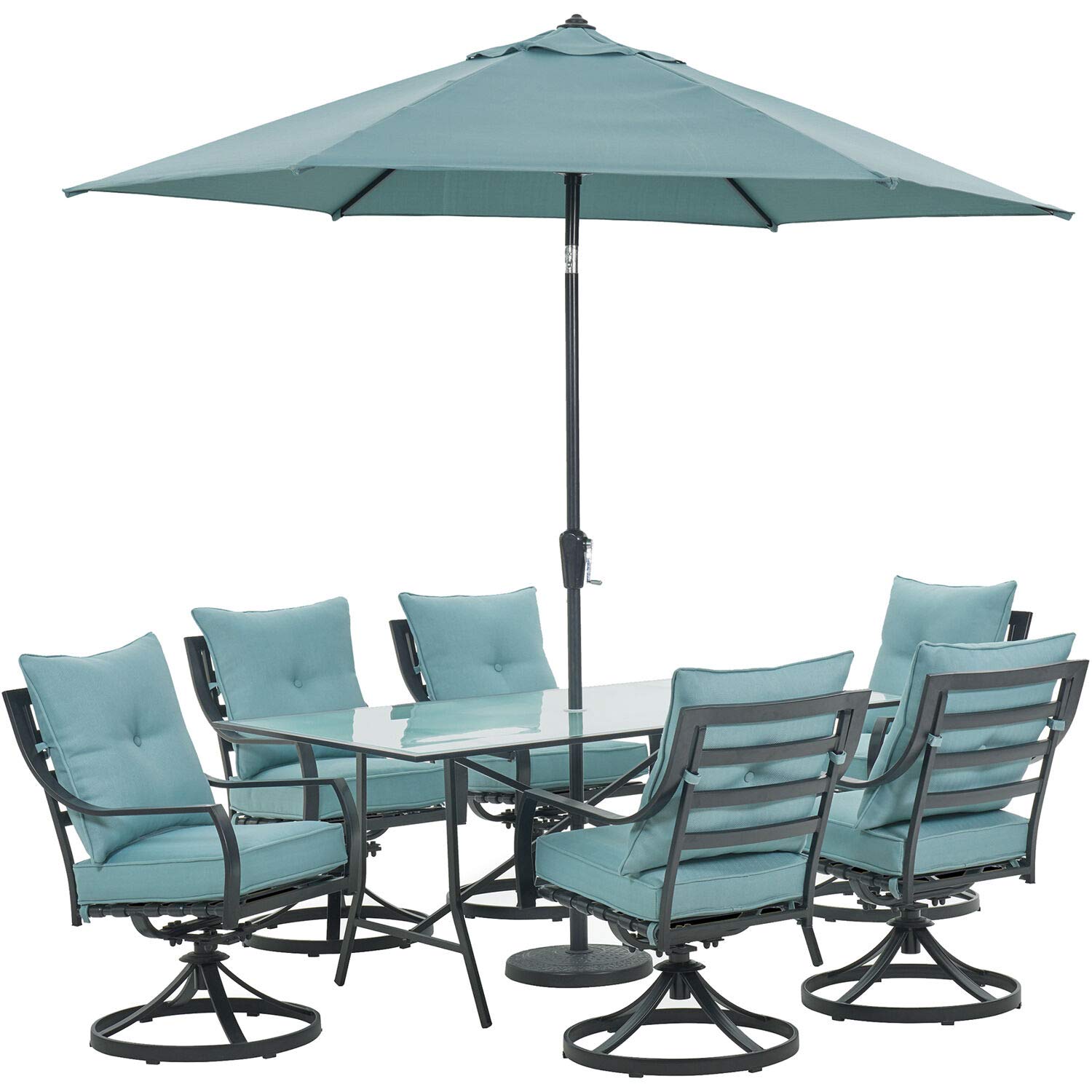 Hanover Lavallette 7-Piece Modern Outdoor Dining Set with Umbrella | 2 Swivel Rockers, 4 Stationary Chairs | 66'' x 38'' Glass-Top Table | Weather, UV Resistant | Ocean Blue | LAVDN7PCSW2-BLU-SU Hanover Lavallette 7-Piece Modern Outdoor Dining Set with Umbrella | 2 Swivel Rockers, 4 Stationary Chairs | 66'' x 38'' Glass-Top Table | Weather, UV Resistant | Ocean Blue | LAVDN7PCSW2-BLU-SU