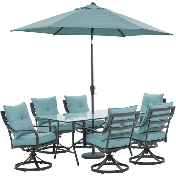 Hanover Lavallette 7-Piece Modern Outdoor Dining Set with Umbrella | 2 Swivel Rockers, 4 Stationary Chairs | 66'' x 38'' Glass-Top Table | Weather, UV Resistant | Ocean Blue | LAVDN7PCSW2-BLU-SU