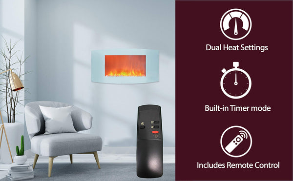 Cambridge 35-in. Callisto Curved Wall Mount Electric Fireplace with Crystal Display, Timer, and Remote, White, CAMBR35WMEF-1WHT