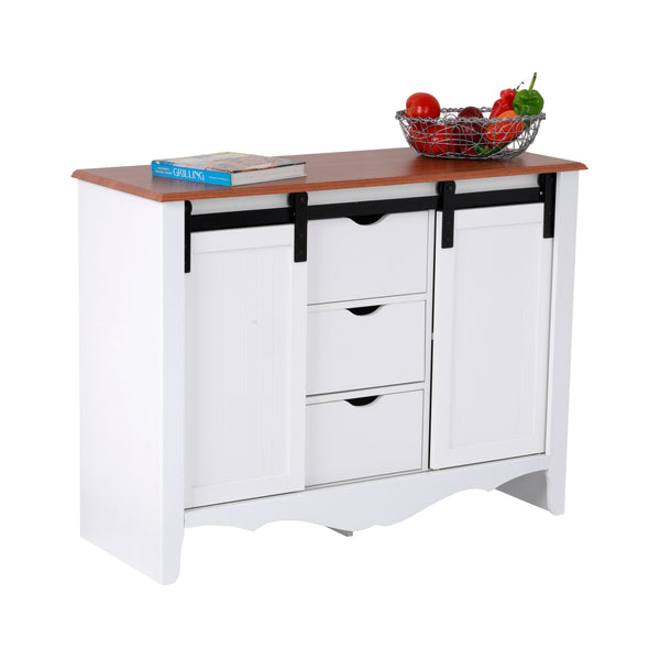 OS Home and Office Furniture Model 25306 Countryside Two Sliding Barn Doors and Three Drawers Buffet, White