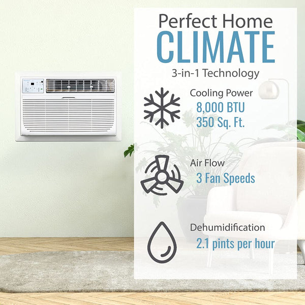Keystone 8,000 BTU 115V Through-The-Wall Air Conditioner | Energy Star | Follow Me LCD Remote Control | Dehumidifier | Sleep Mode | 24H Timer | AC for Rooms up to 350 Sq. Ft. | KSTAT08-1C, 8000, White