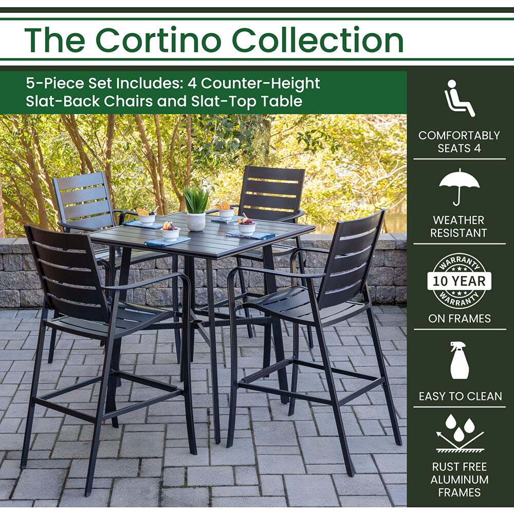 Hanover Cortino 5-Piece Commercial-Grade Counter-Height Dining Set with 4 Aluminum Back Chairs and a 38-in. Slat-Top Table, Gray Hanover Cortino 5-Piece Commercial-Grade Counter-Height Dining Set with 4 Aluminum Back Chairs and a 38-in. Slat-Top Table, Gray
