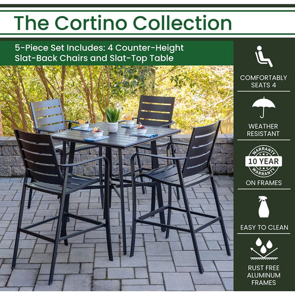 Hanover Cortino 5-Piece Commercial-Grade Counter-Height Dining Set with 4 Aluminum Back Chairs and a 38-in. Slat-Top Table, Gray