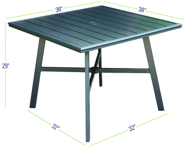 Hanover Aluminum 38" Square Slat-Top Dining Table, Gunmetal