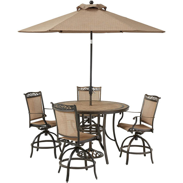 Hanover Fontana 5-Piece Outdoor High-Dining Patio Set, 4 Sling Swivel Counter-Height Chairs, 56" Round Tile-Top Table, 9' Umbrella, and Umbrella Base, Brushed Bronze Finish, Rust-Resistant