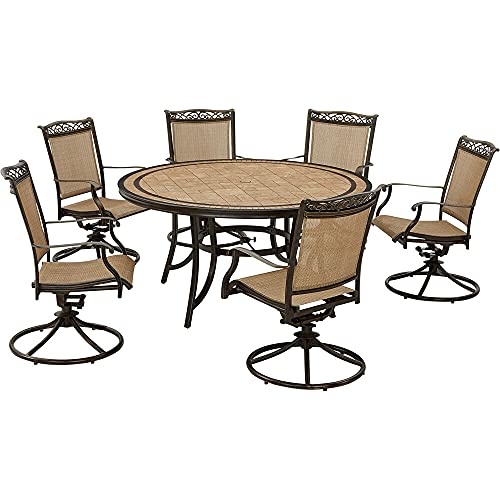 Hanover FNTDN7PCSW6RDTN Fontana 7-Piece Outdoor Patio Dining Set, 6 Sling Swivel Rocker Chairs and 60" Round Tile Table, Brushed Finish, Rust-Resistant, All-Weather-FNTDN7PCSW6RDTN, Tan/Bronze