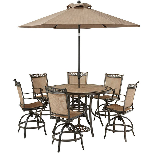 Hanover Fontana 7-Piece Outdoor High-Dining Patio Set, 6 Sling Swivel Counter-Height Chairs, 56" Round Tile-Top Table, 9' Umbrella, and Umbrella Base, Brushed Bronze Finish, Rust-Resistant