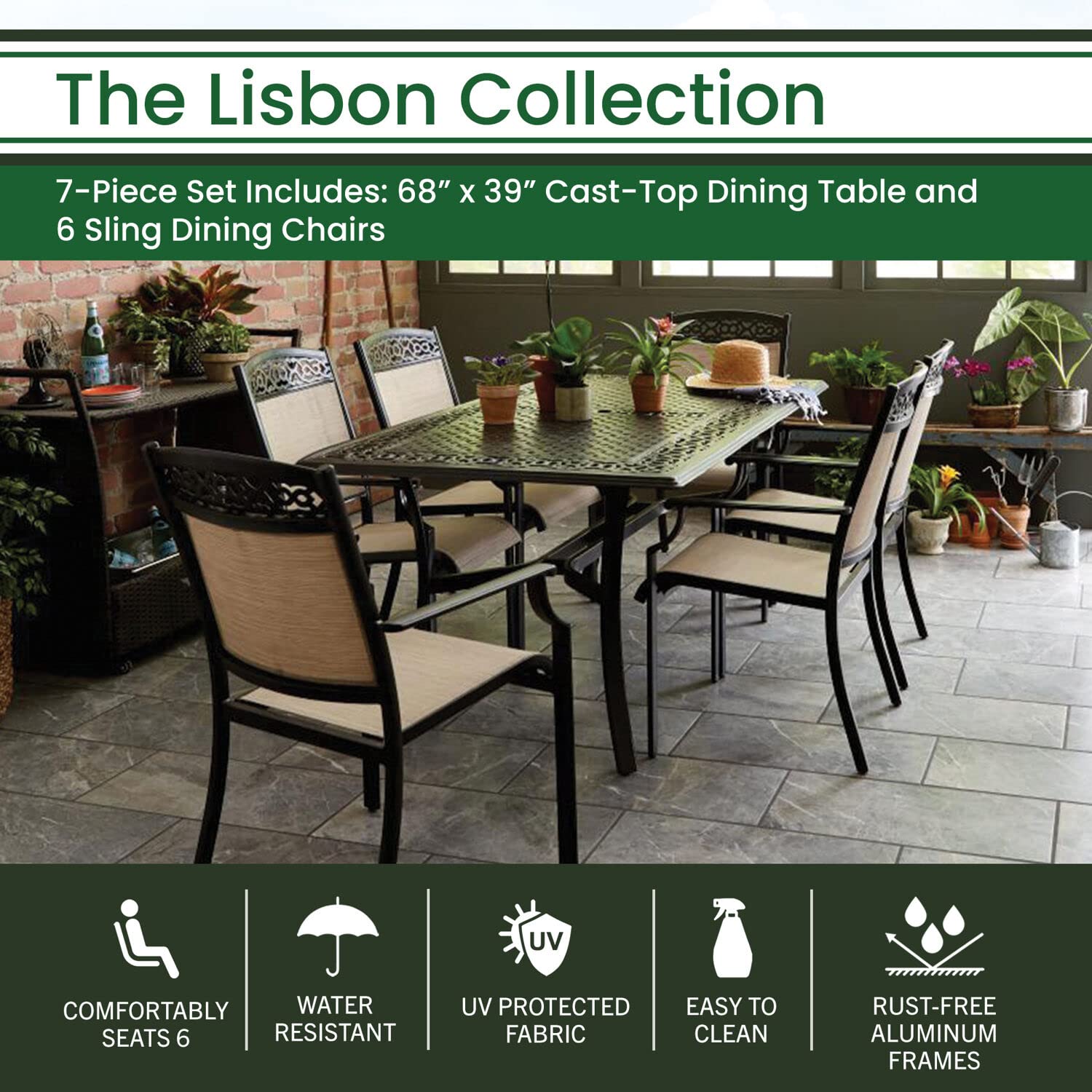 Hanover 6 Sling Stationary Chairs and 39 in. x 68 in. Cast-Top Table in Tan Lisbon 7-Piece Outdoor Dining Set Hanover 6 Sling Stationary Chairs and 39 in. x 68 in. Cast-Top Table in Tan Lisbon 7-Piece Outdoor Dining Set