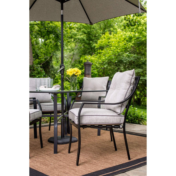 Hanover Lavallette 5-Piece Modern Outdoor Dining Set with 9 ft. Umbrella | 4 UV Protected Cushioned Chairs | 52'' Round Glass-Top Table | Weather Resistant Frame | Silver| LAVDN5PCRD-SLV-SU, Gray