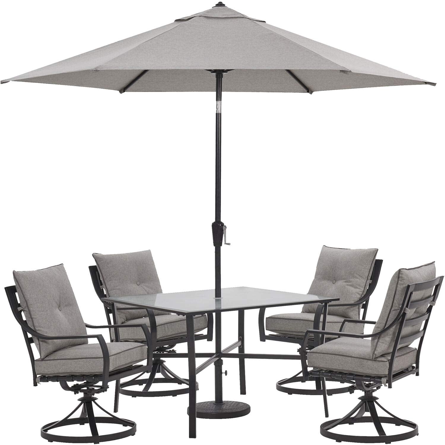 Hanover Lavallette 5-Piece Modern Outdoor Dining Set with Umbrella | 4 UV Protected Cushioned Swivel Rocker Chairs | 52'' Round Glass-Top Table | Weather Resistant | Silver | LAVDN5PCSWRD-SLV-SU Hanover Lavallette 5-Piece Modern Outdoor Dining Set with Umbrella | 4 UV Protected Cushioned Swivel Rocker Chairs | 52'' Round Glass-Top Table | Weather Resistant | Silver | LAVDN5PCSWRD-SLV-SU