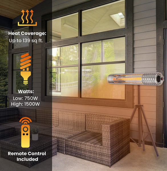 Hanover 30.7" Portable Electric Infrared Carbon Lamp with Remote Control and Tri-Pod Stand | Powerful Heating for Outdoor Areas up to 56 Sq. Ft. | Ideal for Porch, Garage, Workshop, Patio | Silver
