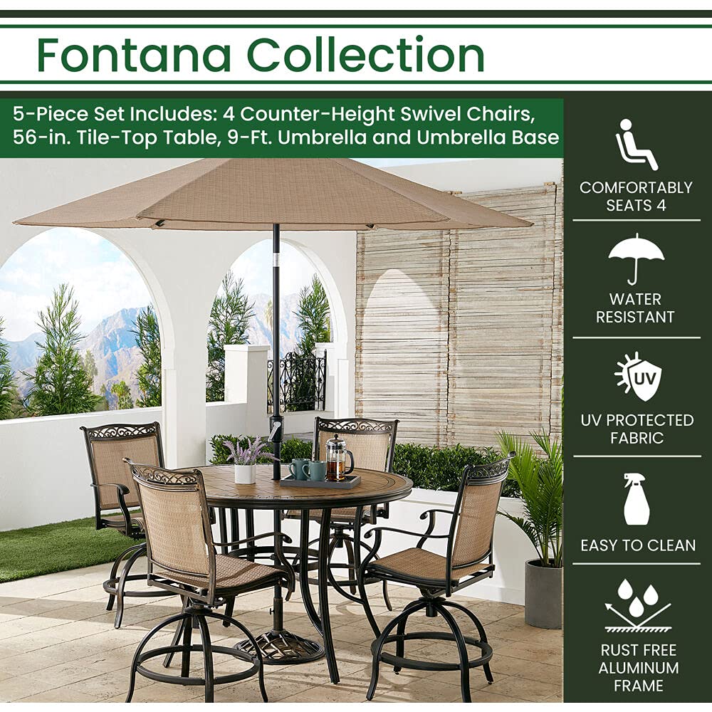 Hanover Fontana 5-Piece Outdoor High-Dining Patio Set, 4 Sling Swivel Counter-Height Chairs, 56" Round Tile-Top Table, 9' Umbrella, and Umbrella Base, Brushed Bronze Finish, Rust-Resistant Hanover Fontana 5-Piece Outdoor High-Dining Patio Set, 4 Sling Swivel Counter-Height Chairs, 56" Round Tile-Top Table, 9' Umbrella, and Umbrella Base, Brushed Bronze Finish, Rust-Resistant