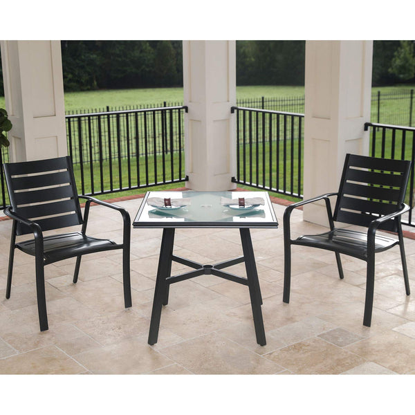 Hanover Cortino 3-Piece Grade Bistro Set with 2 Aluminum Slat-Back Dining Chairs Commercial Outdoor Furniture, Gunmetal