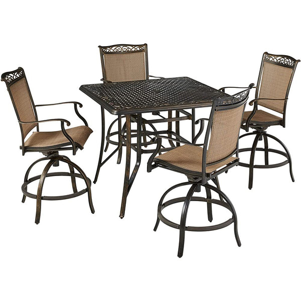 Hanover Fontana 5-Piece Outdoor High-Dining Patio Set, 4 Sling Swivel Counter-Height Chairs and 42" Square Cast Aluminum Table, Brushed Bronze Finish, Rust-Resistant, All-Weather