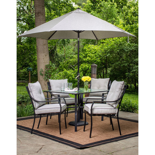 Hanover Lavallette 5-Piece Modern Outdoor Dining Set with 9 ft. Umbrella | 4 UV Protected Cushioned Chairs | 52'' Round Glass-Top Table | Weather Resistant Frame | Silver| LAVDN5PCRD-SLV-SU, Gray