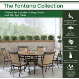 Hanover FNTDN7PCRDTN Fontana 7-Piece Outdoor Patio Dining Set, 6 Sling Stationary Chairs and 60" Round Tile Table, Brushed Finish, Rust-Resistant, All-Weather-FNTDN7PCRDTN, Tan/Bronze