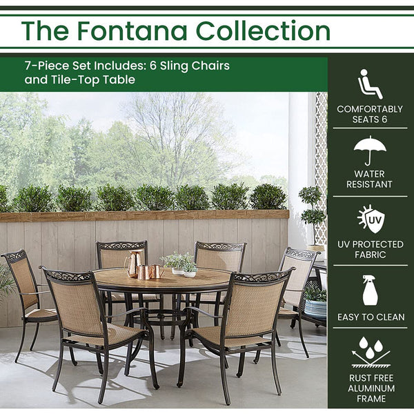 Hanover FNTDN7PCRDTN Fontana 7-Piece Outdoor Patio Dining Set, 6 Sling Stationary Chairs and 60" Round Tile Table, Brushed Finish, Rust-Resistant, All-Weather-FNTDN7PCRDTN, Tan/Bronze
