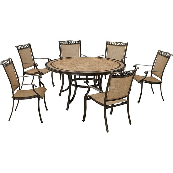 Hanover FNTDN7PCRDTN Fontana 7-Piece Outdoor Patio Dining Set, 6 Sling Stationary Chairs and 60" Round Tile Table, Brushed Finish, Rust-Resistant, All-Weather-FNTDN7PCRDTN, Tan/Bronze