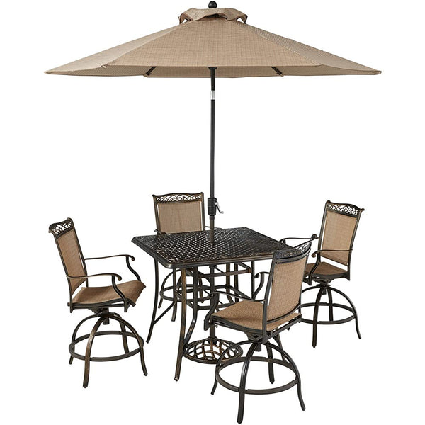 Hanover Fontana 5-Piece Outdoor High-Dining Patio Set, 4 Sling Swivel Counter-Height Chairs, 42" Square Cast Aluminum Table, 9' Umbrella, and Umbrella Base, Brushed Bronze Finish, Rust-Resistant