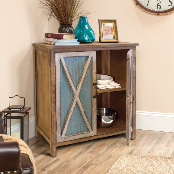 OS Home and Office Furniture Model 75138 Rustic, Weathered, Metal Corrugated Two Three Shelves Pantry, Storage, Door Cabinet, Brown with Antique White Accents