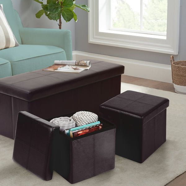 American Furniture Classics Foldable Tufted Storage Bench and 2 Ottomans, Brown