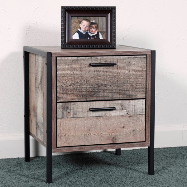OS Home and Office Furniture Model Two Drawer Metal Frame and Legs night stand, Rustic Reclaimed Barnwood Laminate