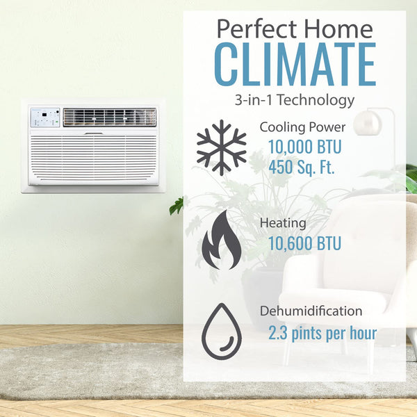 Keystone 10,000 BTU 230V Through-The-Wall Air Conditioner | 10,600 BTU Supplemental Heating | LCD Remote Control | Sleep Mode | 24H Timer | AC for Rooms up to 450 Sq. Ft. | KSTAT10-2HC