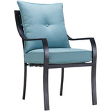 Hanover Lavallette 7-Piece Modern Outdoor Dining Set with Umbrella | 6 Cushioned Swivel Rocker Chairs | 66'' x 38'' Glass-Top Table | Weather Resistant Frame | Ocean Blue | LAVDN7PCSW-BLU-SU