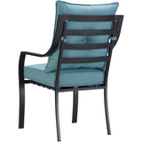 Hanover Lavallette 7-Piece Modern Outdoor Dining Set with Umbrella | 6 Cushioned Swivel Rocker Chairs | 66'' x 38'' Glass-Top Table | Weather Resistant Frame | Ocean Blue | LAVDN7PCSW-BLU-SU